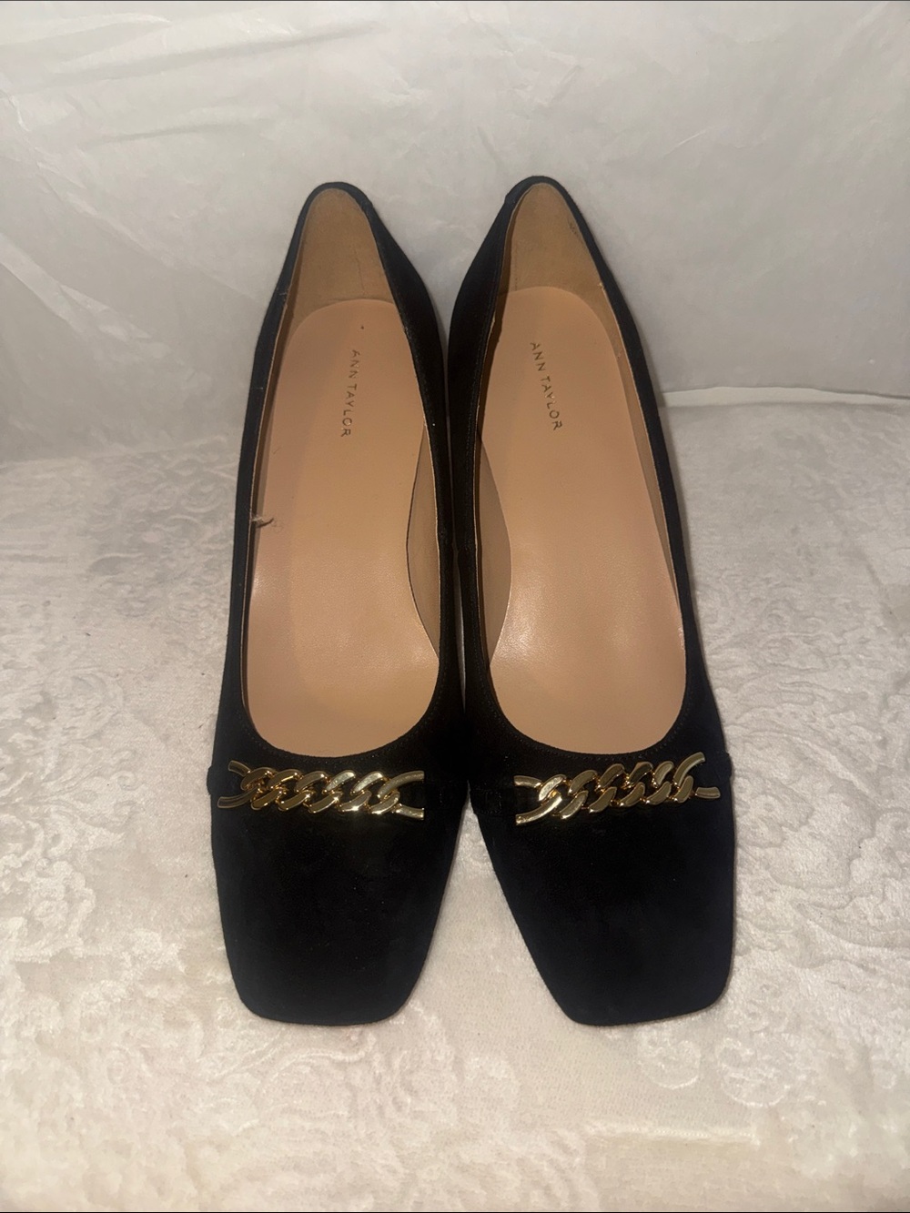 Ann Taylor Black Suede Flats with Gold Chain Accent